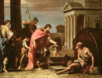 Alexander den store (356-23 f.Kr.) på besøk til Diogenes (ca. 410-320 f.Kr.) i Athen